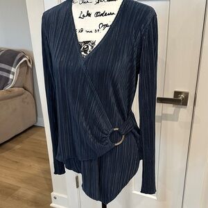 CATO- LARGE Navy Pleated Wrap Top with Ring Detail